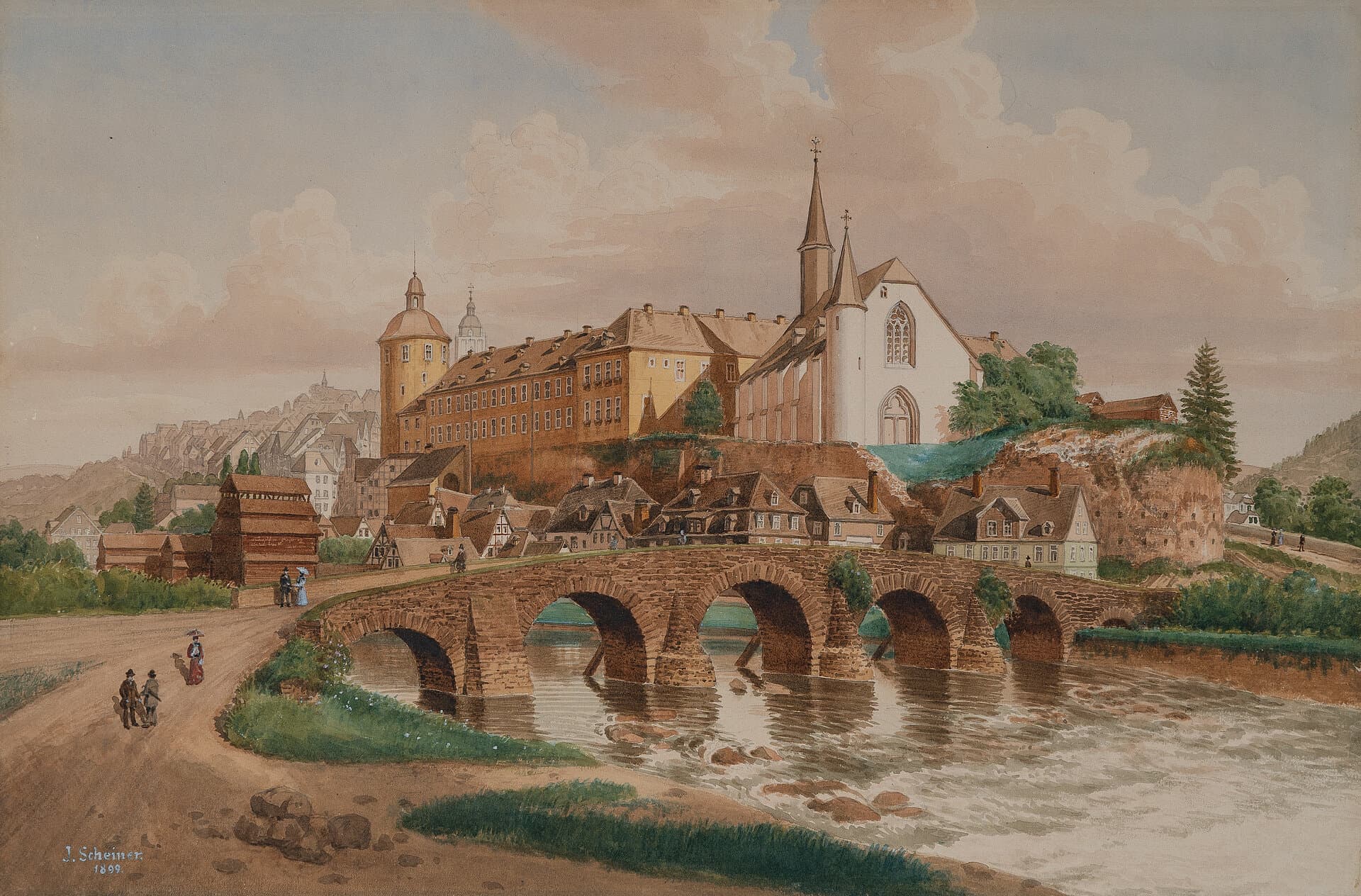 Object: S 60, Jakob Scheiner (1820 - 1911), Siegen um 1850: Siegbrücke, Martinikirche, Unt. Schloss